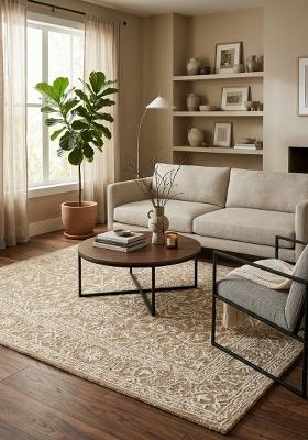 Saffron Rugs Hand Tufted Camel Tan Floral Classic Rectangular Wool Area Rug