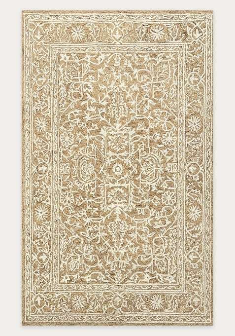 100% Wool Handmade Camel Tan Rug | Classic Floral Carpet With Cotton Backing For Living Room