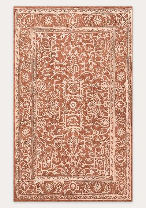 100% Wool Handmade Terracotta Rug | Classic Floral Carpet With Cotton Backing For Living Room
