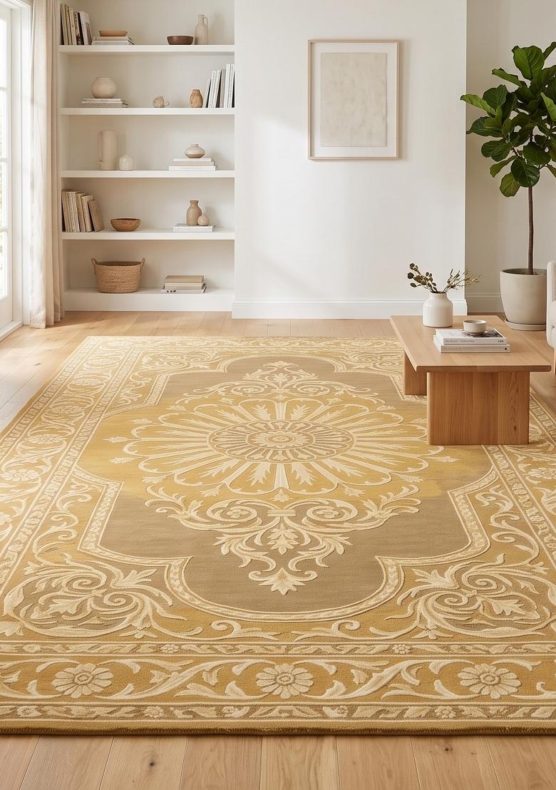 Saffron Rugs Hand Tufted Golden Yellow Floral Classic Rectangular Wool Area Rug - Indya