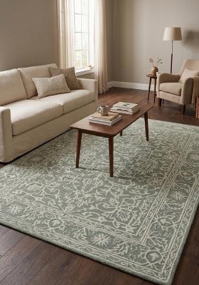 Saffron Rugs Hand Tufted Sage Green Floral Classic Rectangular Wool Area Rug