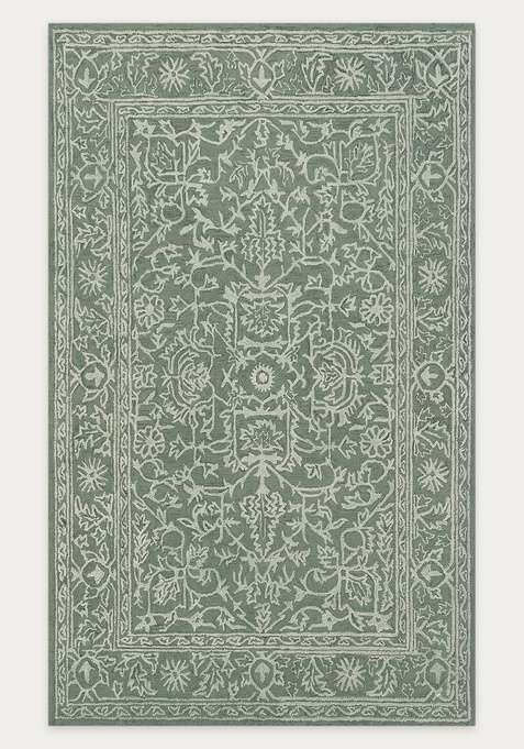 100% Wool Handmade Sage Green Rug | Classic Floral Carpet With Cotton Backing For Living Room