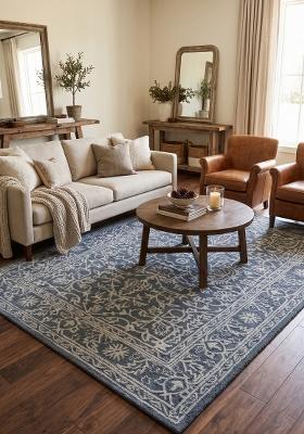 Saffron Rugs Hand Tufted Steel Blue Floral Classic Rectangular Wool Area Rug
