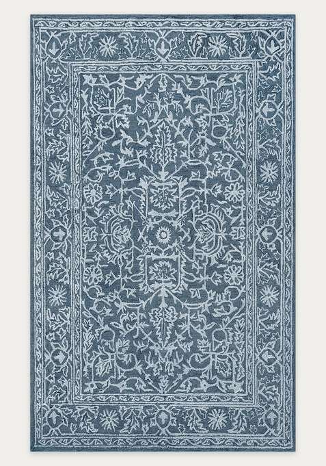 100% Wool Handmade Steel Blue Rug | Classic Floral Carpet With Cotton Backing For Living Room