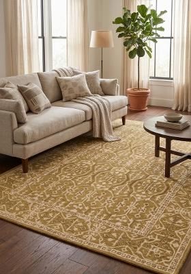 Saffron Rugs Hand Tufted Golden Mustard Floral Classic Rectangular Wool Area Rug