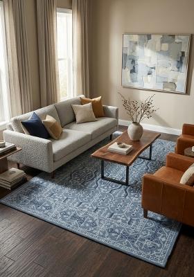 Saffron Rugs Hand Tufted Steel Blue Floral Classic Rectangular Wool Area Rug