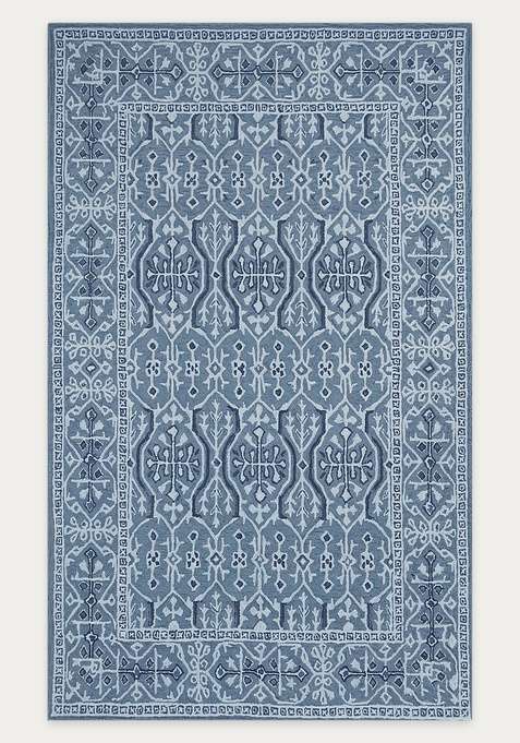 100% Wool Handmade Steel Blue Rug | Classic Floral Carpet With Cotton Backing For Living Room