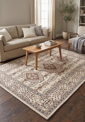 Saffron Rugs Hand Tufted Ivory Beige Floral Classic Rectangular Wool Area Rug