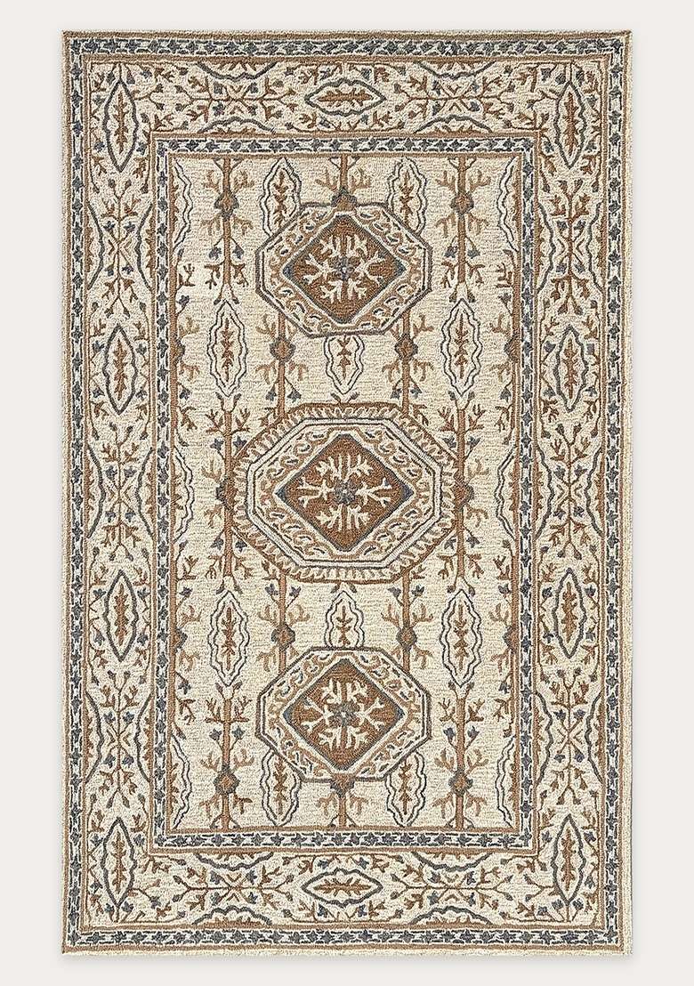 Saffron Rugs Hand-Tufted 100% Wool Area Rug | Ivory Beige Rectangular Rug | Cotton Backing | Classic Floral Carpet for Living Room - Indya