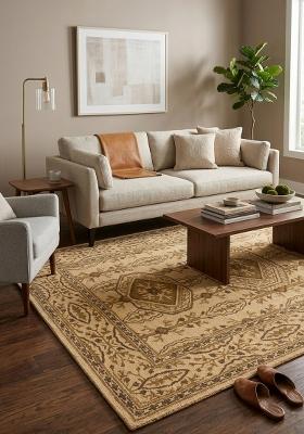 Saffron Rugs Hand Tufted Warm Golden Beige Floral Classic Rectangular Wool Area Rug