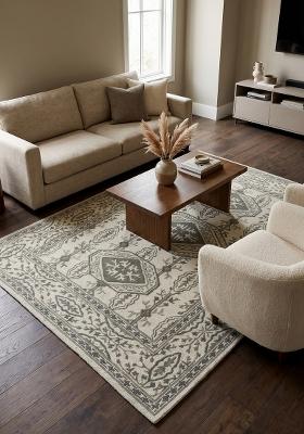 Saffron Rugs Hand Tufted Ivory Grey Floral Classic Rectangular Wool Area Rug