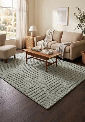 Saffron Rugs Hand Tufted Sage Green Geometric Contemporary Rectangular Wool Area Rug