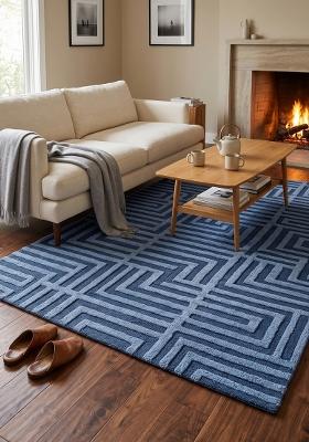 Saffron Rugs Hand Tufted Steel Blue Geometric Contemporary Rectangular Wool Area Rug