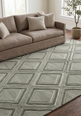 Saffron Rugs Hand Tufted Sage Green Geometric Contemporary Rectangular Wool Area Rug