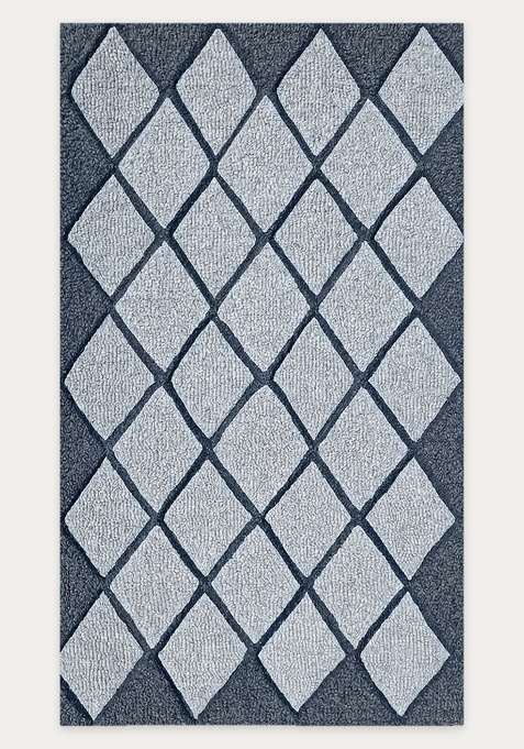 100% Wool Handmade Grey Blue Rug | Classic Geometric Carpet With Cotton Backing For Living Room