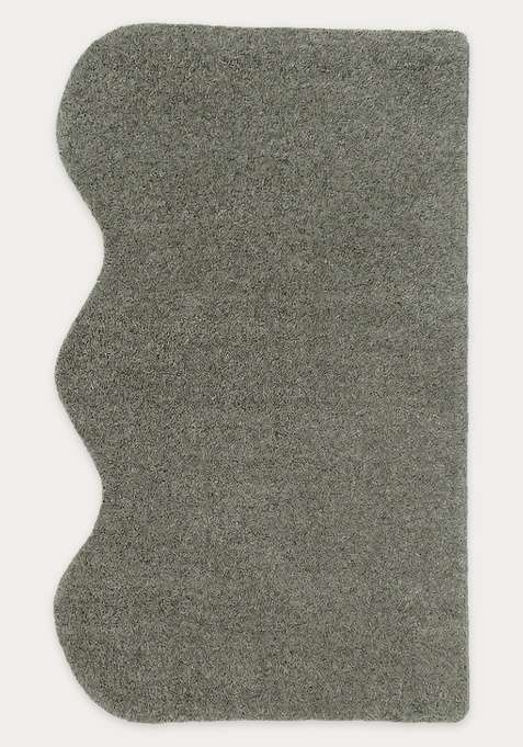 100% Wool Handmade Sage Grey Green Rug | Contemporary Solid Scalloped Carpet With Cotton Backing For Living Room