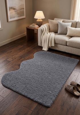 Saffron Rugs Hand Tufted Slate Grey Blue Solid Contemporary Scalloped Wool Area Rug