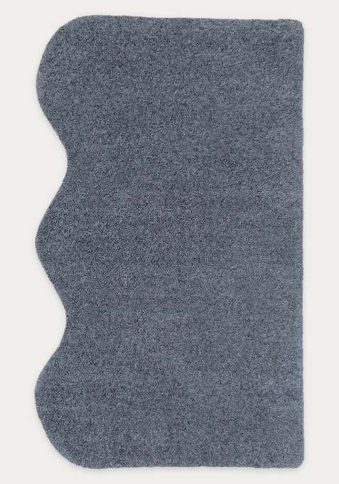 100% Wool Handmade Slate Grey Blue Rug | Contemporary Solid Scalloped Carpet With Cotton Backing For Living Room