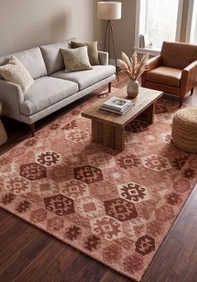 Saffron Rugs Hand Tufted Dusty Rose Terracotta Geometric Bohemian Rectangular Wool Area Rug