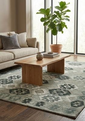 Saffron Rugs Hand Tufted Sage Green Grey Geometric Bohemian Rectangular Wool Area Rug