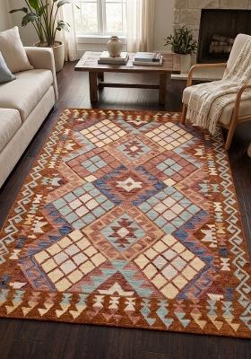Saffron Rugs Hand Tufted Rust Terracotta Geometric Bohemian Rectangular Wool Area Rug
