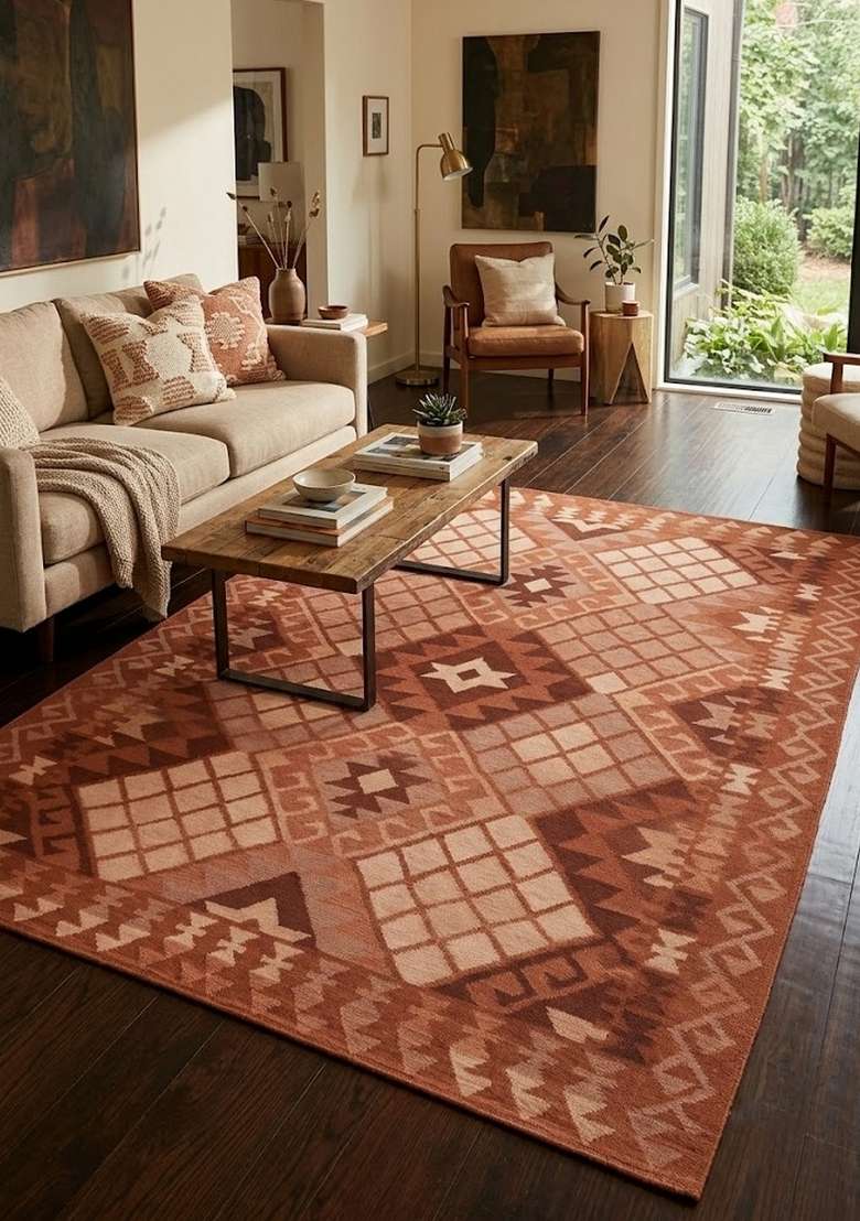 100% Wool Handmade Terracotta Rug | Bohemian Geometric Carpet With Cotton Backing For Living Room - Indya