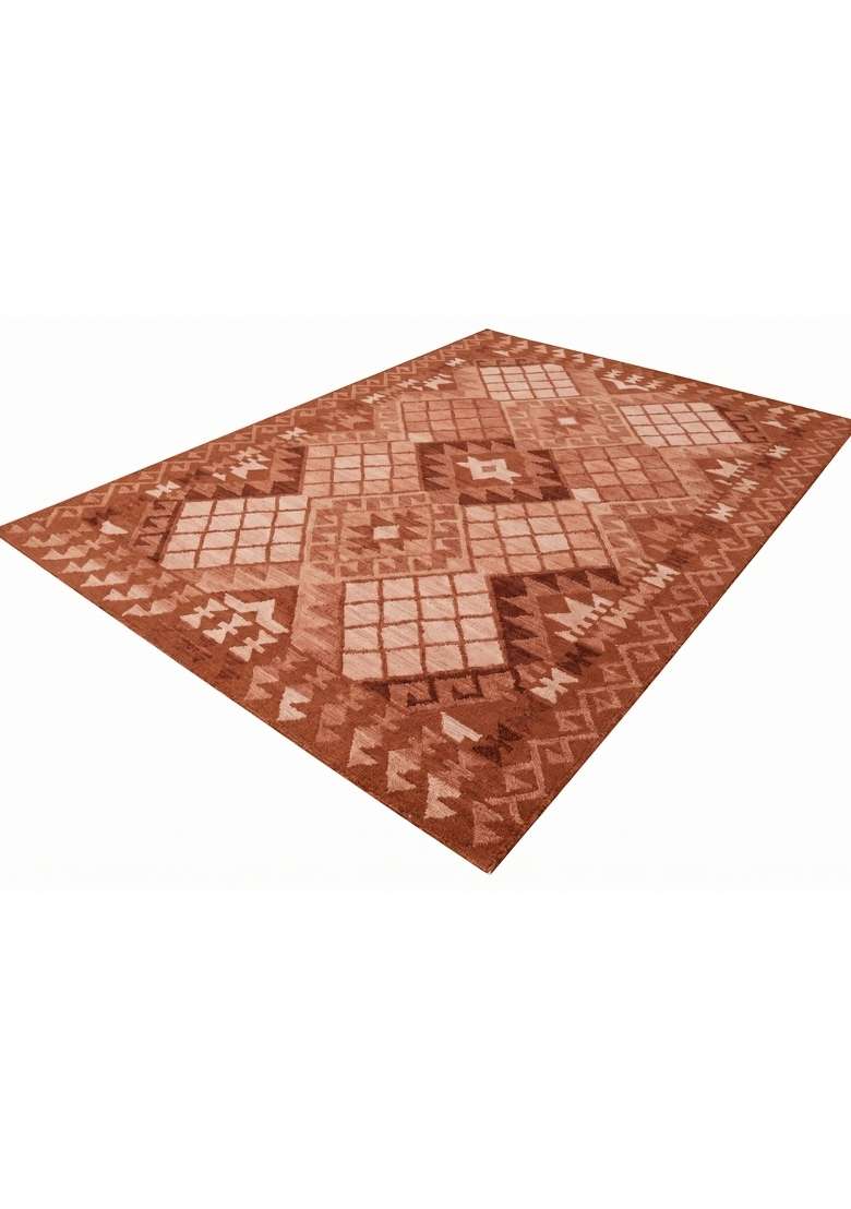 100% Wool Handmade Terracotta Rug | Bohemian Geometric Carpet With Cotton Backing For Living Room - Indya