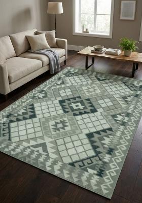 Saffron Rugs Hand Tufted Sage Green Grey Geometric Bohemian Rectangular Wool Area Rug