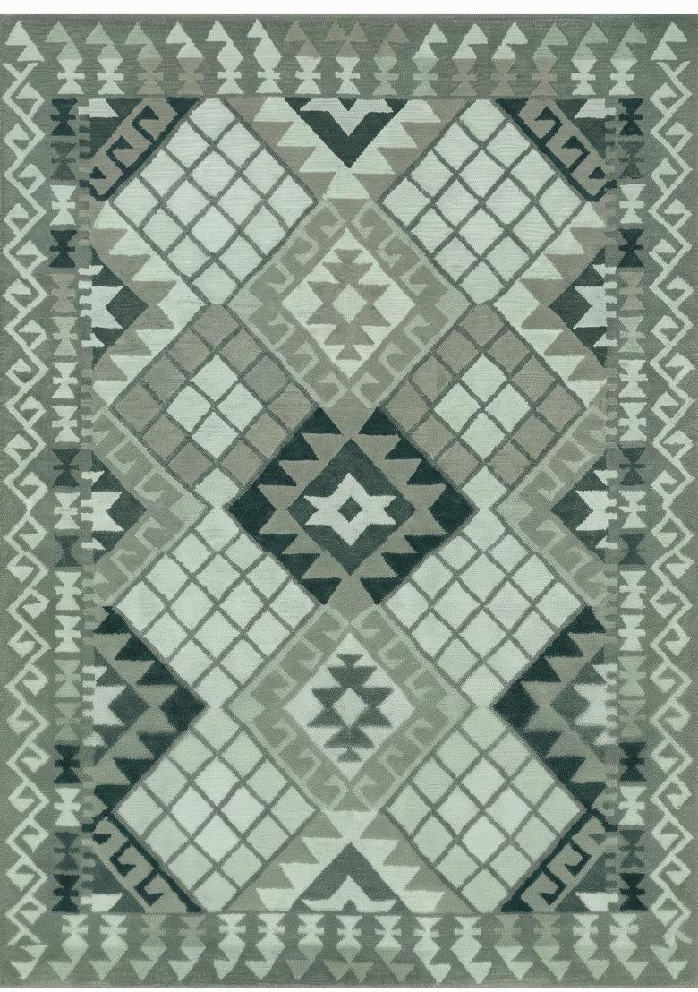 Saffron Rugs Hand Tufted Sage Green Grey Geometric Bohemian Rectangular Wool Area Rug - Indya