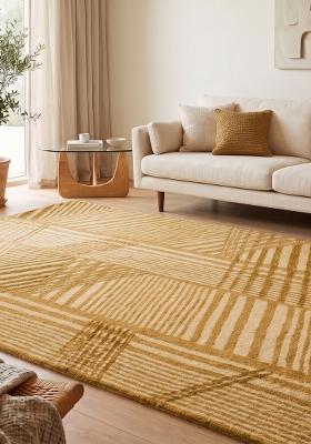 Saffron Rugs Hand Tufted Golden Mustard Geometric Contemporary Rectangular Wool Area Rug