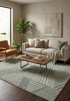 Saffron Rugs Hand Tufted Sage Green Geometric Contemporary Rectangular Wool Area Rug