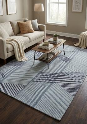 Saffron Rugs Hand Tufted Light Blue Grey Geometric Contemporary Rectangular Wool Area Rug
