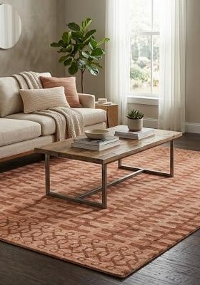Saffron Rugs Hand Tufted Terracotta Pink Geometric Transitional Rectangular Wool Area Rug