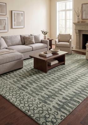 Saffron Rugs Hand Tufted Grey Green Geometric Transitional Rectangular Wool Area Rug