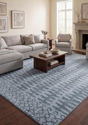 Saffron Rugs Hand Tufted Steel Blue Grey Geometric Transitional Rectangular Wool Area Rug