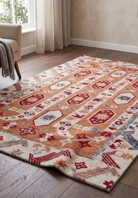 Saffron Rugs Hand Tufted Terracotta Orange Geometric Oriental Rectangular Wool Area Rug