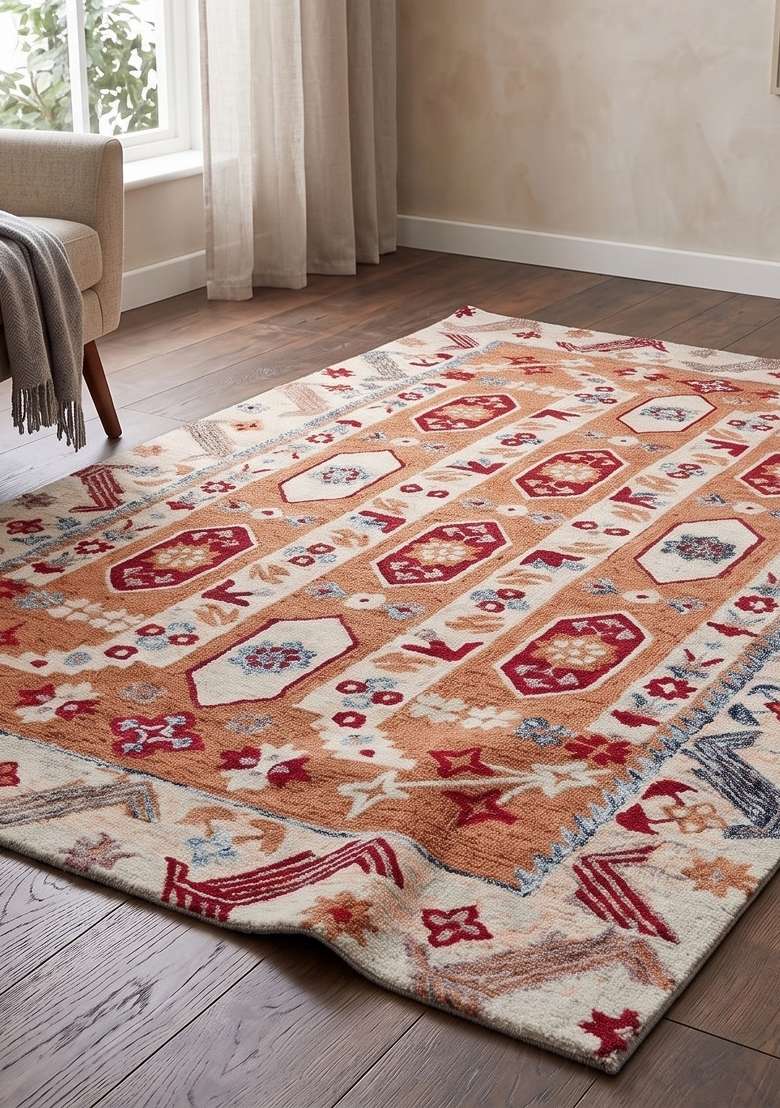 Saffron Rugs Terracotta Orange Oriental Geometric Hand Tufted Wool Rectangular Rug - Indya