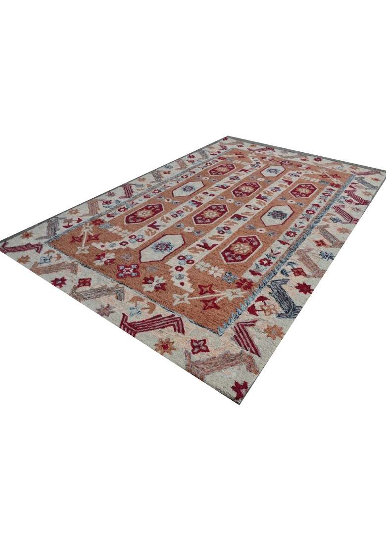 Saffron Rugs Terracotta Orange Oriental Geometric Hand Tufted Wool Rectangular Rug - Indya