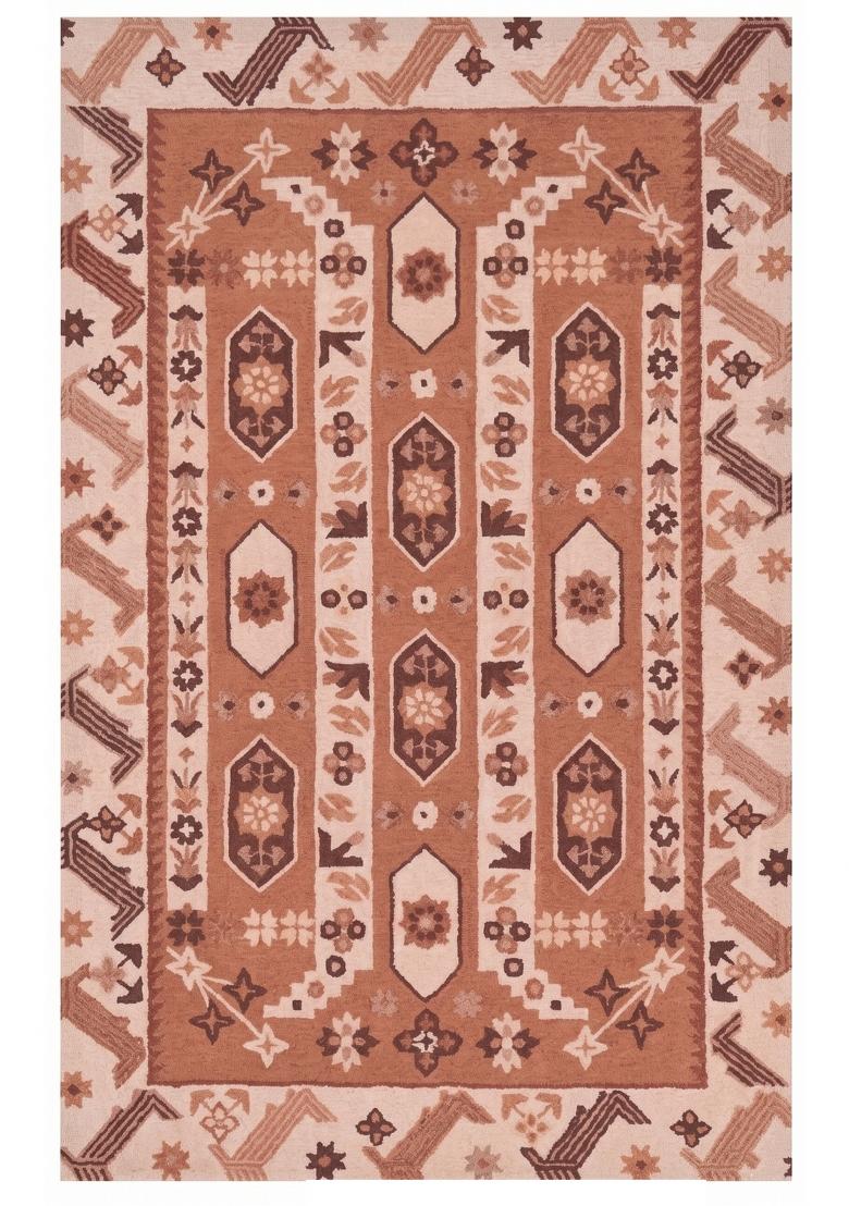 Saffron Rugs Hand Tufted Terracotta Brown Geometric Oriental Rectangular Wool Area Rug - Indya