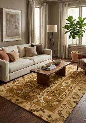 Saffron Rugs Hand Tufted Golden Brown Geometric Oriental Rectangular Wool Area Rug