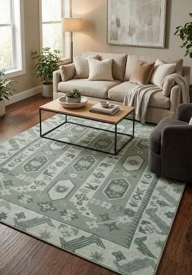 Saffron Rugs Hand Tufted Sage Green Geometric Oriental Rectangular Wool Area Rug