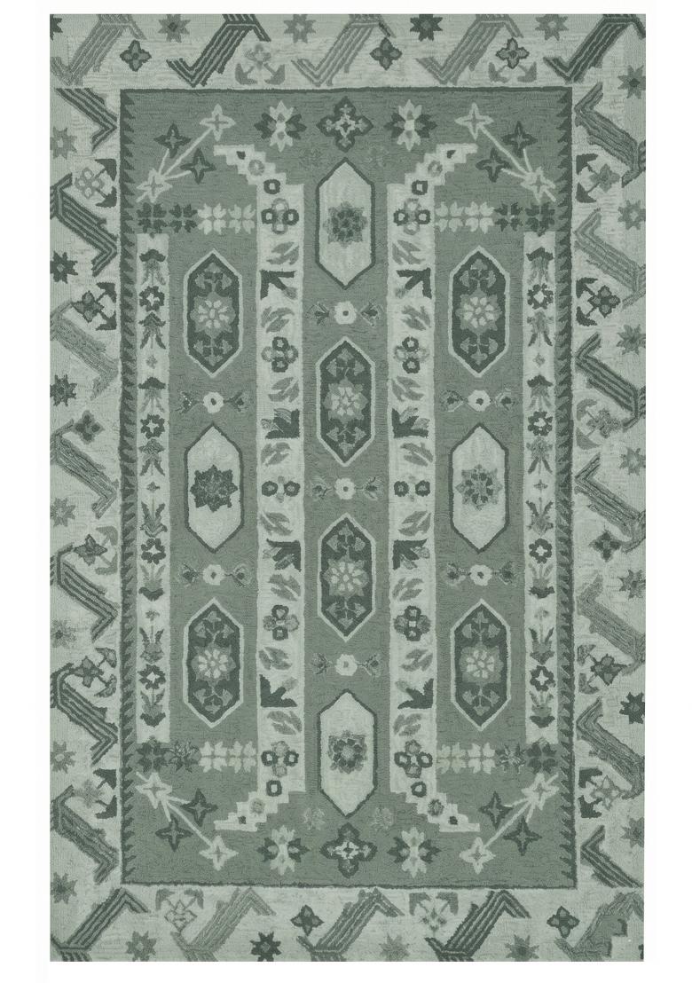 Saffron Rugs Hand Tufted Sage Green Geometric Oriental Rectangular Wool Area Rug - Indya