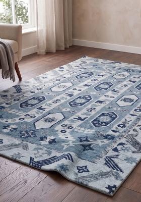 Saffron Rugs Hand Tufted Steel Blue Geometric Oriental Rectangular Wool Area Rug