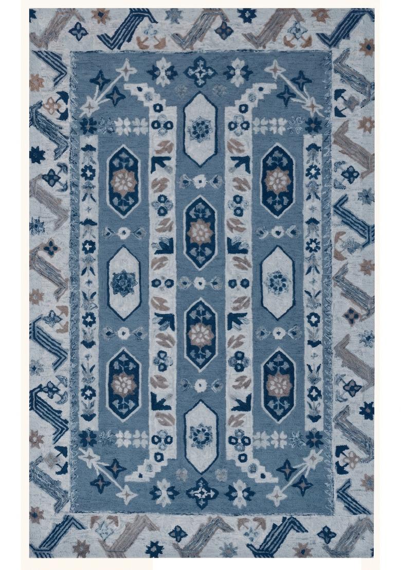 Saffron Rugs Hand Tufted Steel Blue Geometric Oriental Rectangular Wool Area Rug - Indya