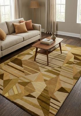 Saffron Rugs Hand Tufted Olive Gold Beige Geometric Contemporary Rectangular Wool Area Rug