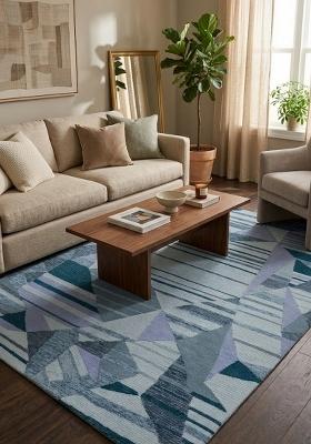 Saffron Rugs Hand Tufted Steel Blue Geometric Contemporary Rectangular Wool Area Rug