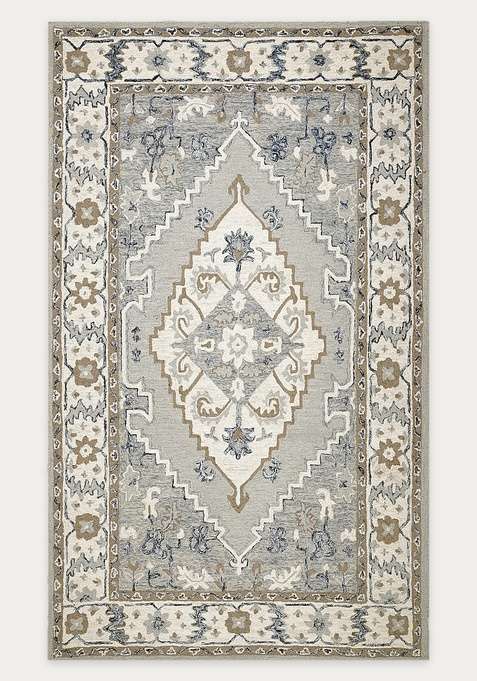 100% Wool Handmade Grey Blue Rug | Oriental Floral Carpet With Cotton Backing For Living Room