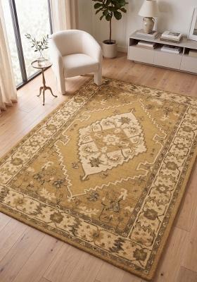 Saffron Rugs Hand Tufted Golden Tan Floral Oriental Rectangular Wool Area Rug