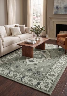 Saffron Rugs Hand Tufted Sage Green Floral Oriental Rectangular Wool Area Rug