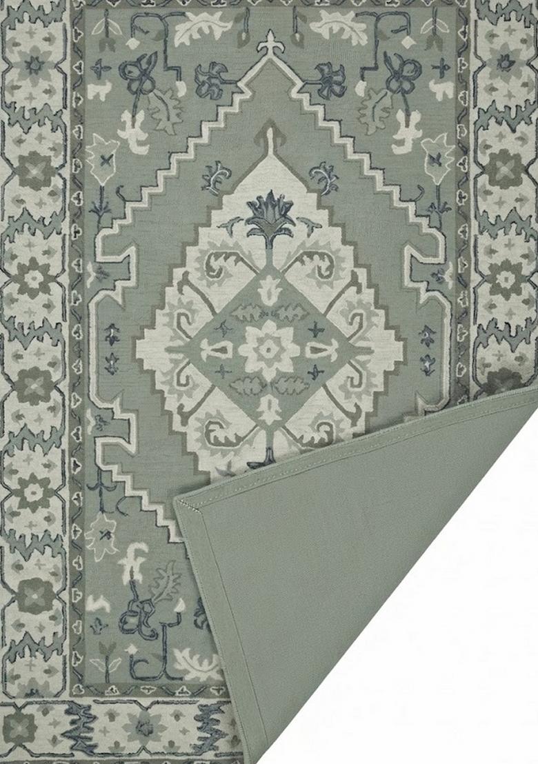 Saffron Rugs Hand Tufted Sage Green Floral Oriental Rectangular Wool Area Rug - Indya